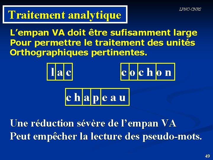 Traitement analytique LPNC-CNRS L’empan VA doit être sufisamment large Pour permettre le traitement des