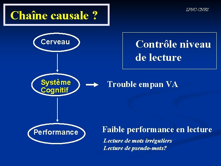 LPNC-CNRS Chaîne causale ? Cerveau Système Cognitif Performance Contrôle niveau de lecture Trouble empan
