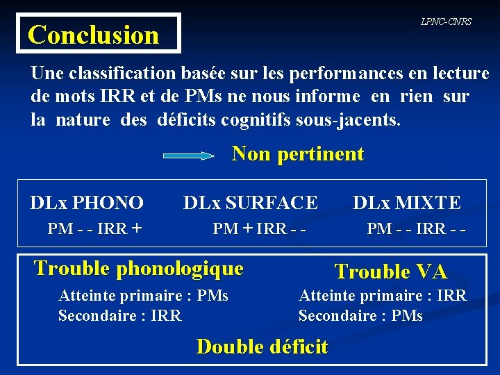 LPNC-CNRS Conclusion Une classification basée sur les performances en lecture de mots IRR et