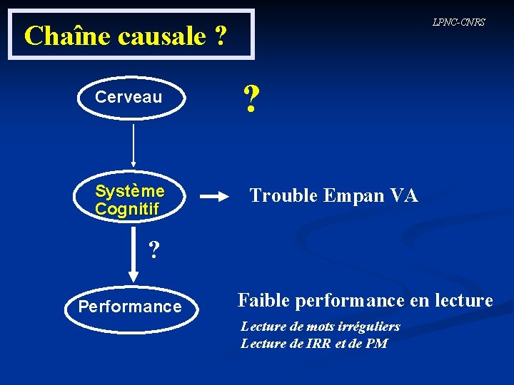 LPNC-CNRS Chaîne causale ? Cerveau Système Cognitif ? Trouble Empan VA ? Performance Faible