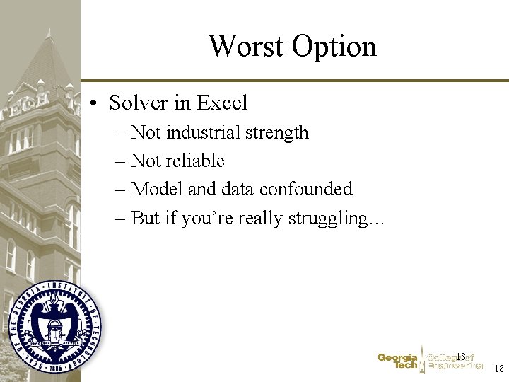 Worst Option • Solver in Excel – Not industrial strength – Not reliable –