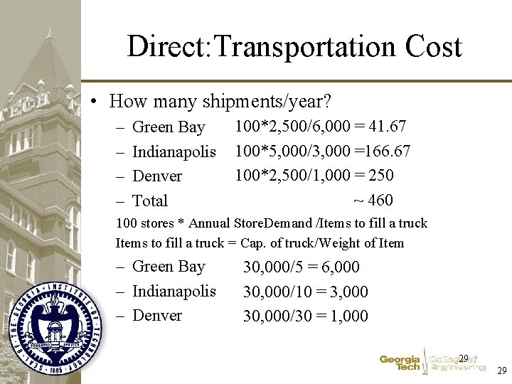 Direct: Transportation Cost • How many shipments/year? – – Green Bay Indianapolis Denver Total