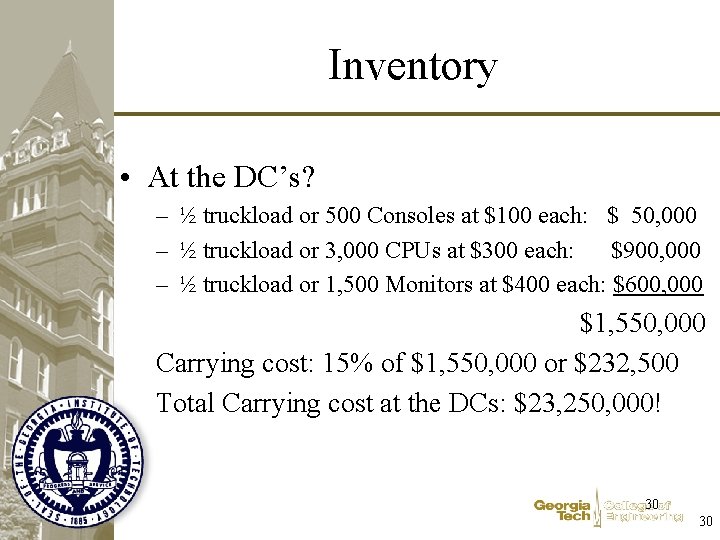 Inventory • At the DC’s? – ½ truckload or 500 Consoles at $100 each: