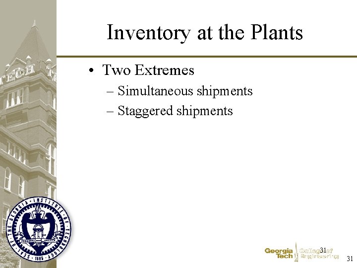 Inventory at the Plants • Two Extremes – Simultaneous shipments – Staggered shipments 31