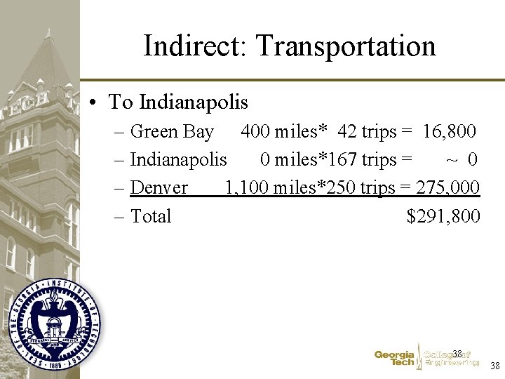 Indirect: Transportation • To Indianapolis – Green Bay 400 miles* 42 trips = 16,