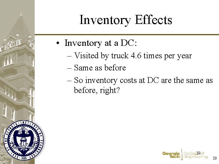 Inventory Effects • Inventory at a DC: – Visited by truck 4. 6 times