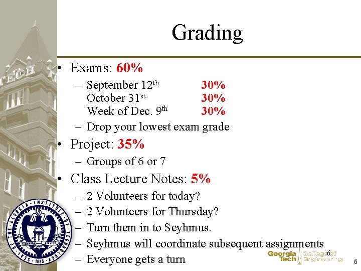 Grading • Exams: 60% – September 12 th 30% October 31 st 30% Week
