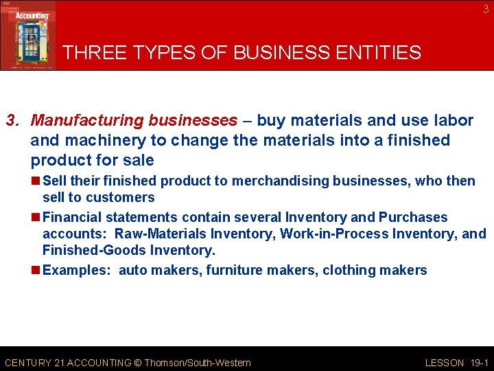 3 THREE TYPES OF BUSINESS ENTITIES 3. Manufacturing businesses – buy materials and use