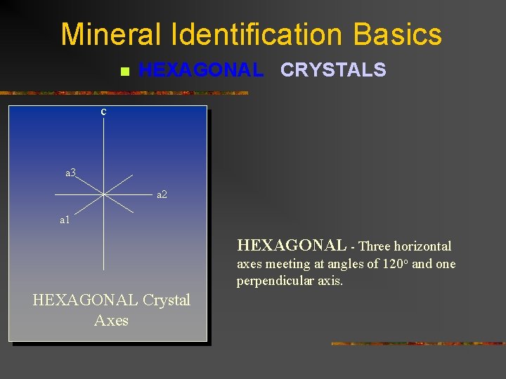 Mineral Identification Basics n HEXAGONAL CRYSTALS c a 3 a 2 a 1 HEXAGONAL