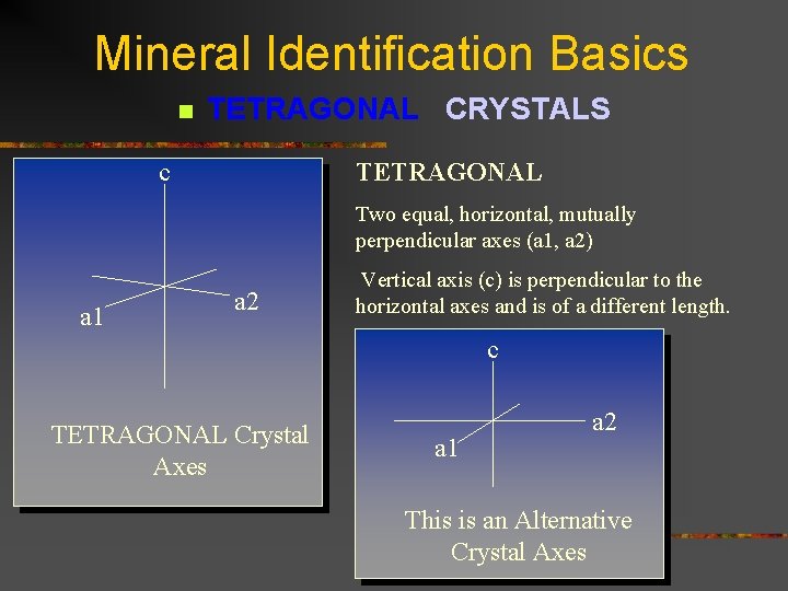 Mineral Identification Basics n TETRAGONAL CRYSTALS TETRAGONAL c Two equal, horizontal, mutually perpendicular axes