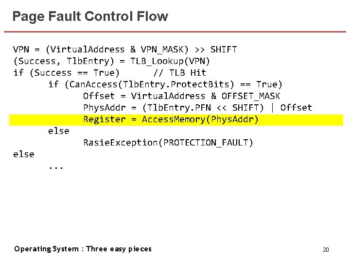 Page Fault Control Flow VPN = (Virtual. Address & VPN_MASK) >> SHIFT (Success, Tlb.