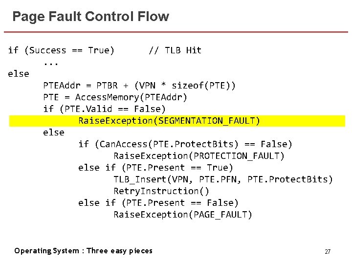 Page Fault Control Flow if (Success == True) // TLB Hit. . . else
