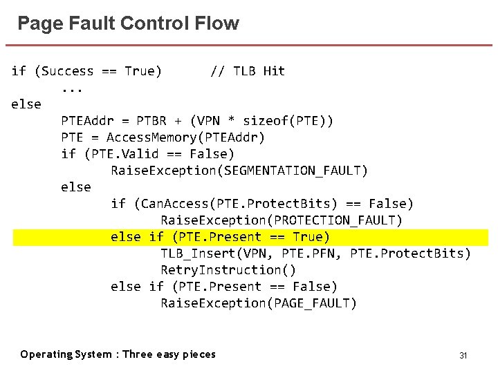 Page Fault Control Flow if (Success == True) // TLB Hit. . . else