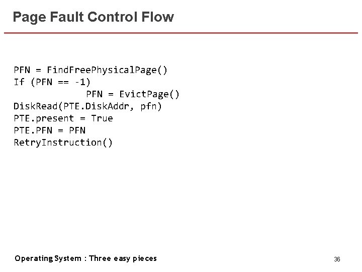 Page Fault Control Flow PFN = Find. Free. Physical. Page() If (PFN == -1)