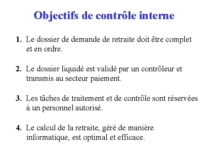 Objectifs de contrôle interne 1. Le dossier de demande de retraite doit être complet
