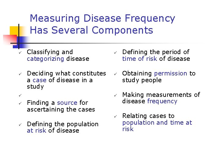 Measuring Disease Frequency Has Several Components ü ü Classifying and categorizing disease Deciding what