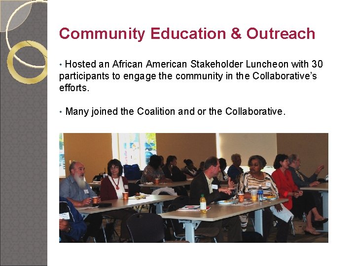 Community Education & Outreach • Hosted an African American Stakeholder Luncheon with 30 participants