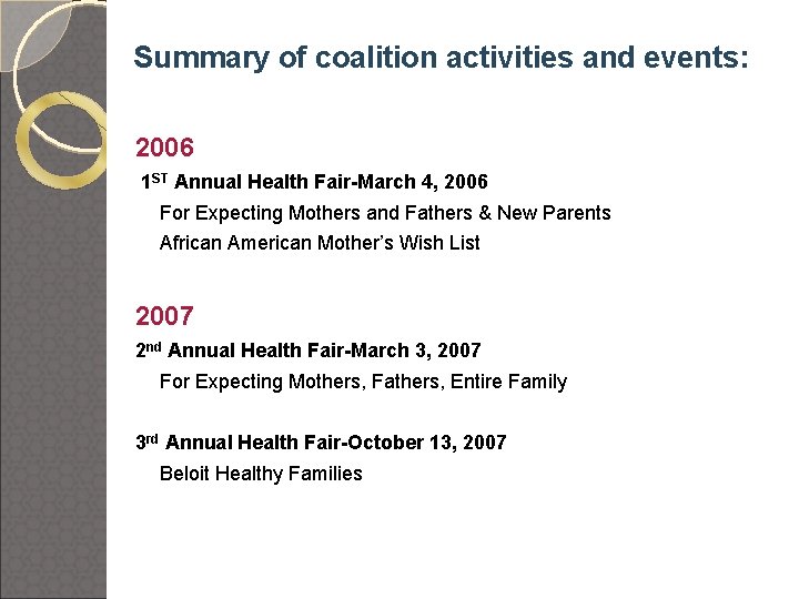 Summary of coalition activities and events: 2006 1 ST Annual Health Fair-March 4, 2006