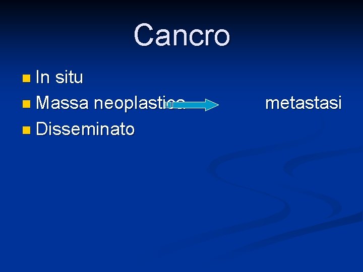 Cancro n In situ n Massa neoplastica n Disseminato metastasi 