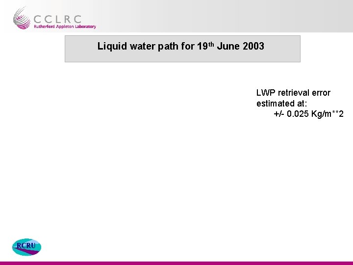 Liquid water path for 19 th June 2003 LWP retrieval error estimated at: +/-