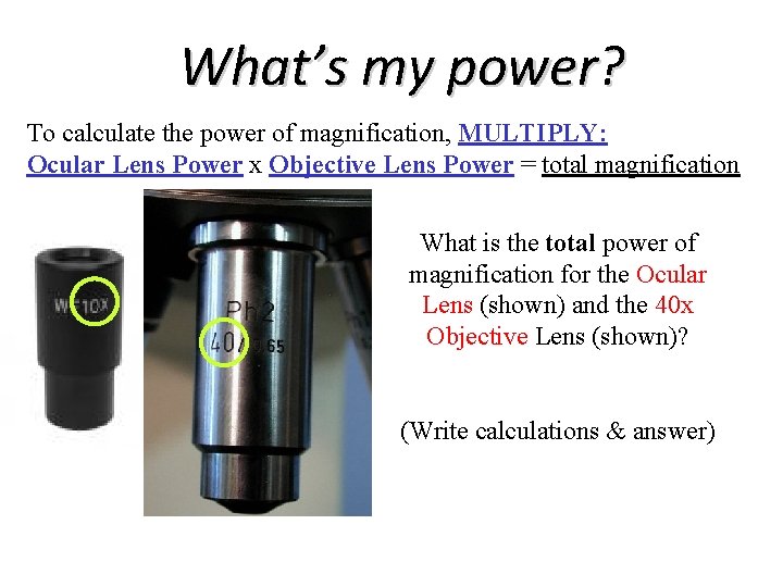 What’s my power? To calculate the power of magnification, MULTIPLY: Ocular Lens Power x