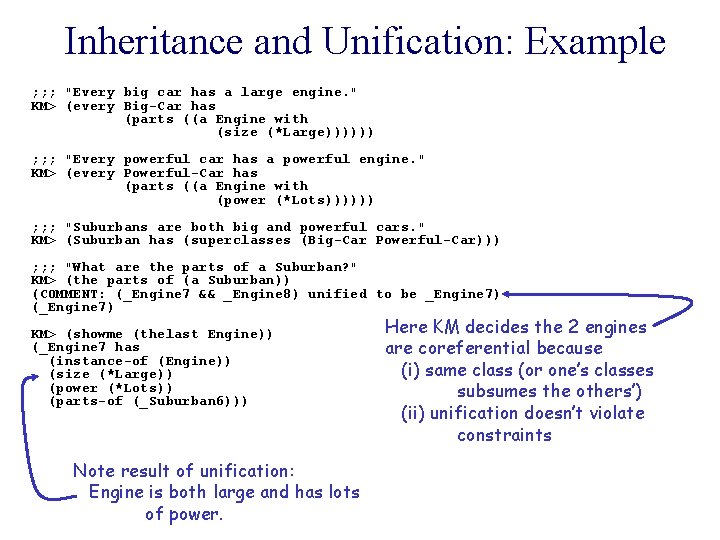 Inheritance and Unification: Example ; ; ; "Every big car has a large engine.