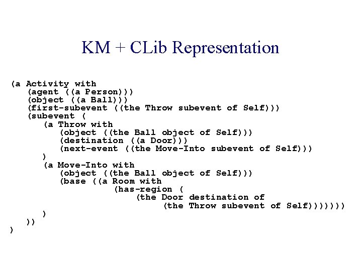 KM + CLib Representation (a Activity with (agent ((a Person))) (object ((a Ball))) (first-subevent