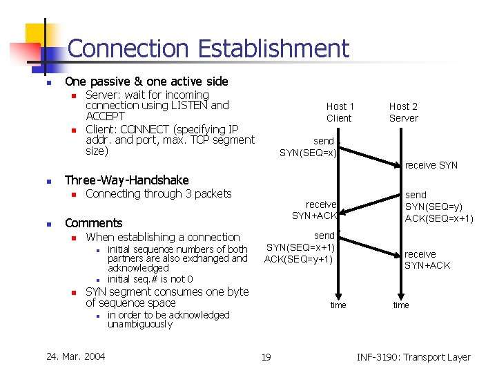 Connection Establishment n One passive & one active side n n Server: wait for Connection Establishment n One passive & one active side n n Server: wait for