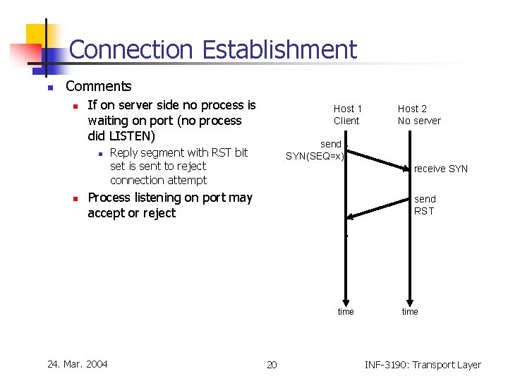 Connection Establishment n Comments n If on server side no process is waiting on Connection Establishment n Comments n If on server side no process is waiting on