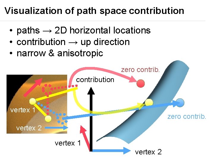 Visualization of path space contribution • paths → 2 D horizontal locations • contribution