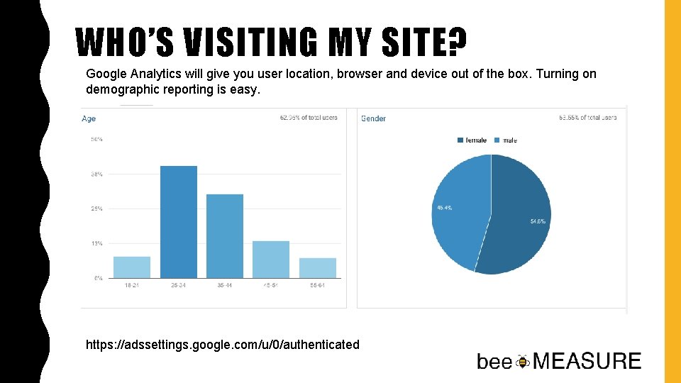 WHO’S VISITING MY SITE? Google Analytics will give you user location, browser and device