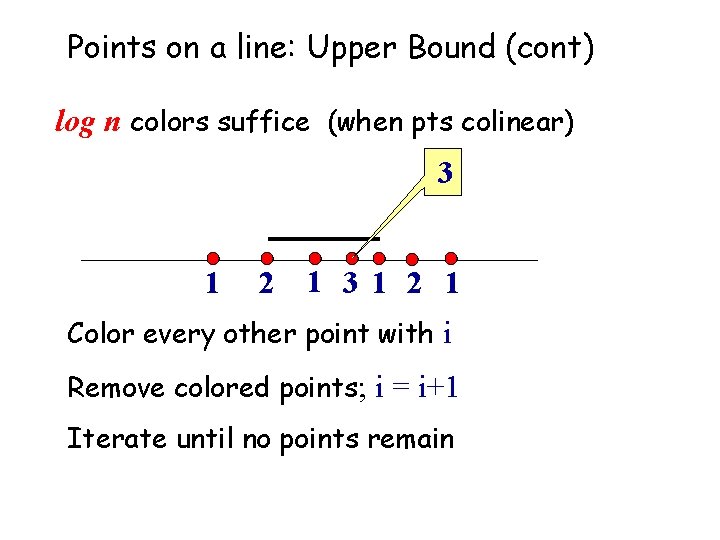 Points on a line: Upper Bound (cont) log n colors suffice (when pts colinear)
