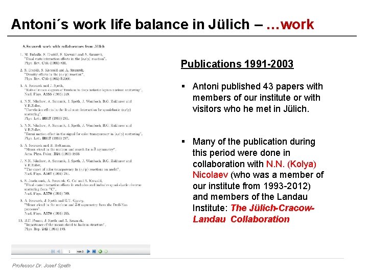 Antoni´s work life balance in Jülich – …work Publications 1991 -2003 § Antoni published