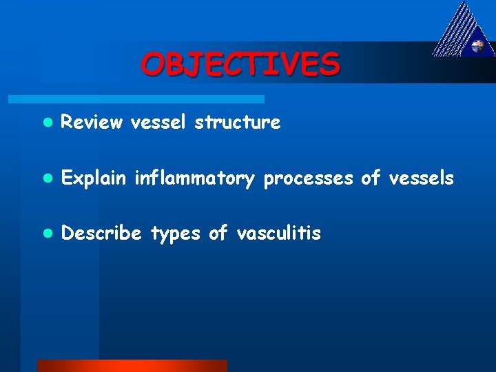 OBJECTIVES l Review vessel structure l Explain inflammatory processes of vessels l Describe types