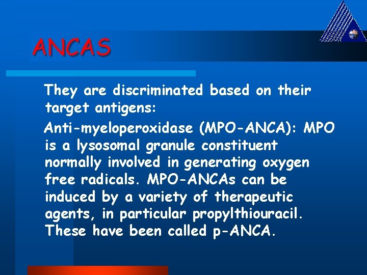 ANCAS They are discriminated based on their target antigens: Anti-myeloperoxidase (MPO-ANCA): MPO is a