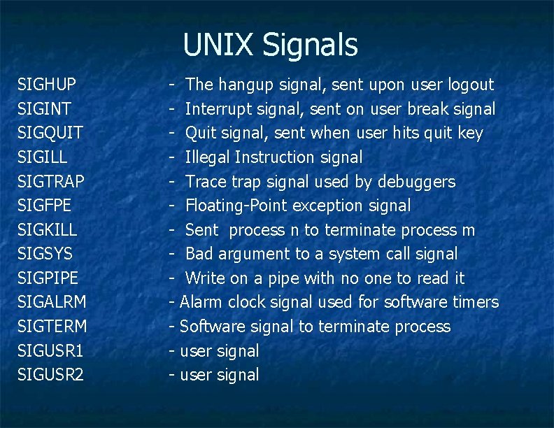 UNIX Signals SIGHUP SIGINT SIGQUIT SIGILL SIGTRAP SIGFPE SIGKILL SIGSYS SIGPIPE SIGALRM SIGTERM SIGUSR