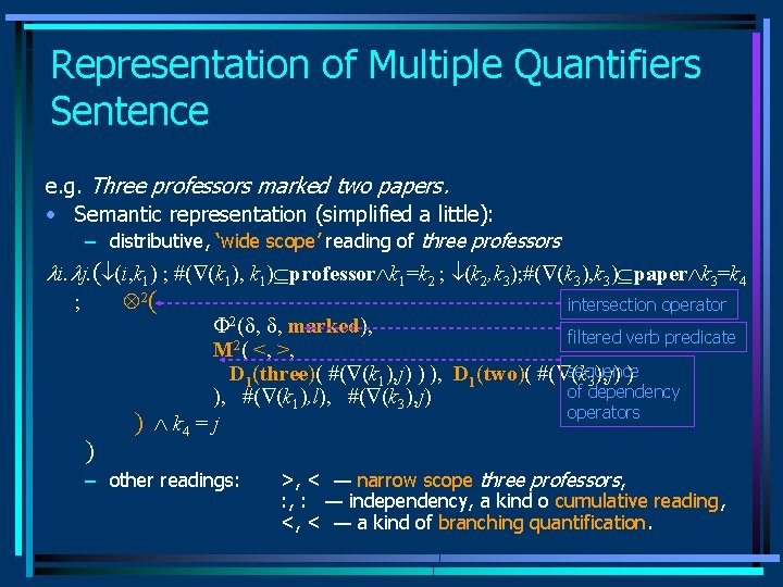 Representation of Multiple Quantifiers Sentence e. g. Three professors marked two papers. • Semantic Representation of Multiple Quantifiers Sentence e. g. Three professors marked two papers. • Semantic