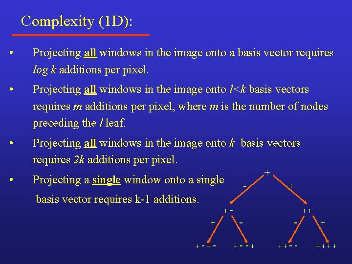 Complexity (1 D): • Projecting all windows in the image onto a basis vector Complexity (1 D): • Projecting all windows in the image onto a basis vector