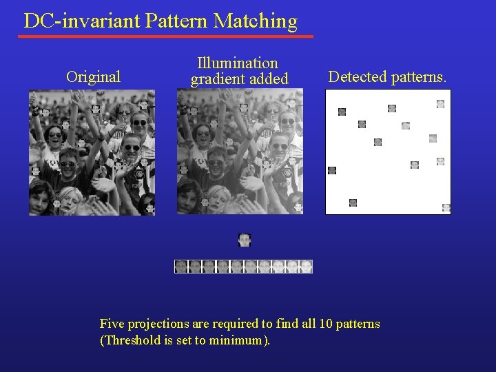 DC-invariant Pattern Matching Original Illumination gradient added Detected patterns. Five projections are required to DC-invariant Pattern Matching Original Illumination gradient added Detected patterns. Five projections are required to