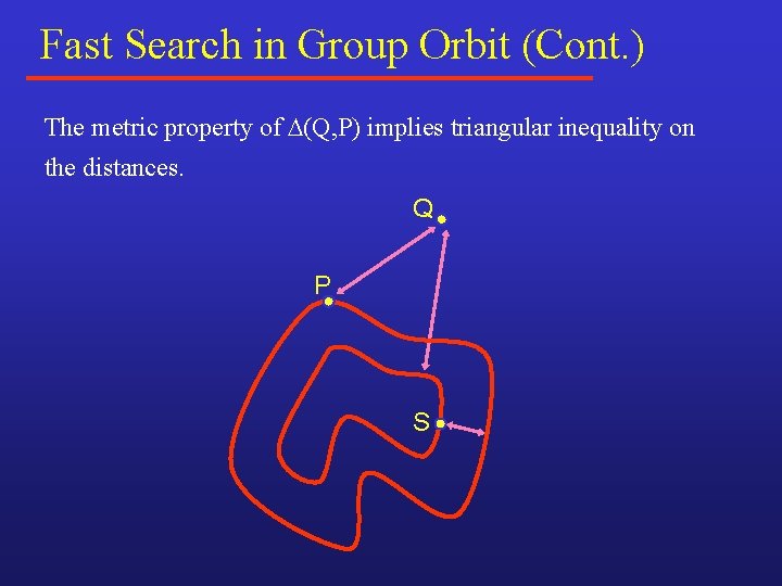 Fast Search in Group Orbit (Cont. ) The metric property of (Q, P) implies Fast Search in Group Orbit (Cont. ) The metric property of (Q, P) implies