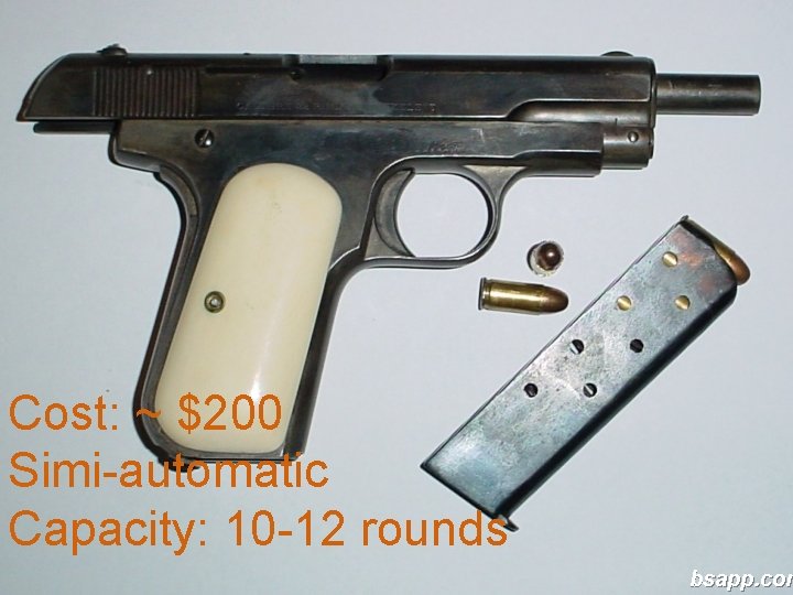 Cost: ~ $200 Simi-automatic Capacity: 10 -12 rounds bsapp. com 