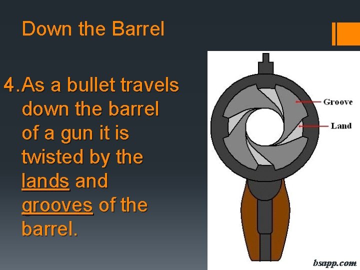 Down the Barrel 4. As a bullet travels down the barrel of a gun