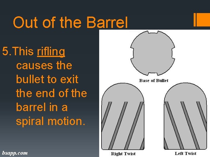 Out of the Barrel 5. This rifling causes the bullet to exit the end