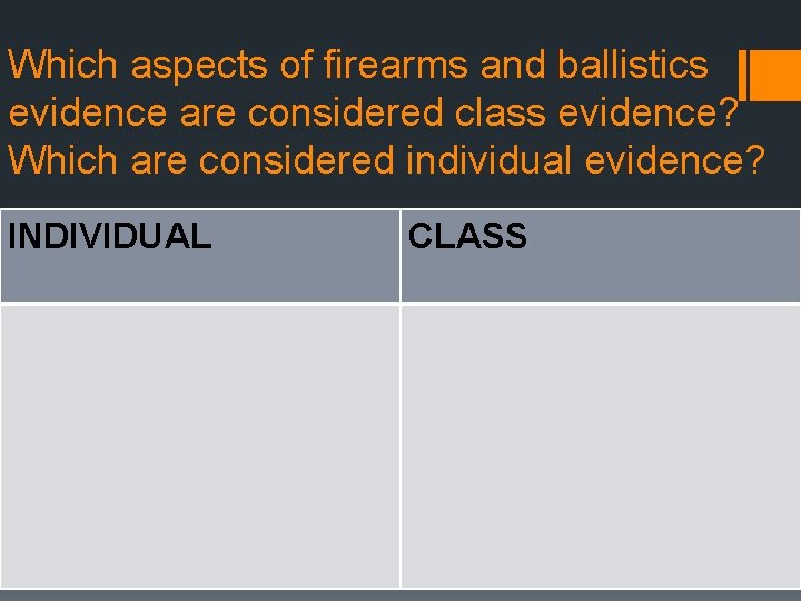 Which aspects of firearms and ballistics evidence are considered class evidence? Which are considered