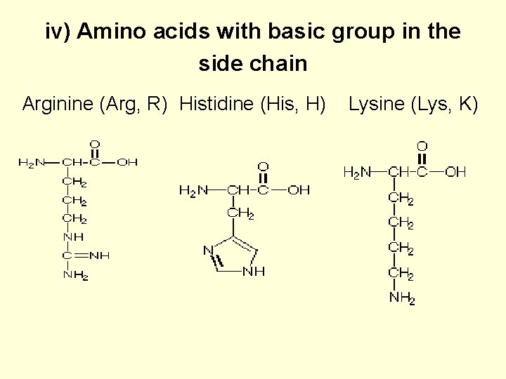 iv) Amino acids with basic group in the side chain Arginine (Arg, R) Histidine
