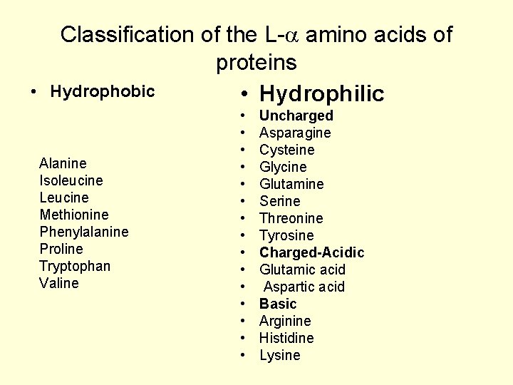  • Classification of the L- amino acids of proteins Hydrophobic • Hydrophilic Alanine