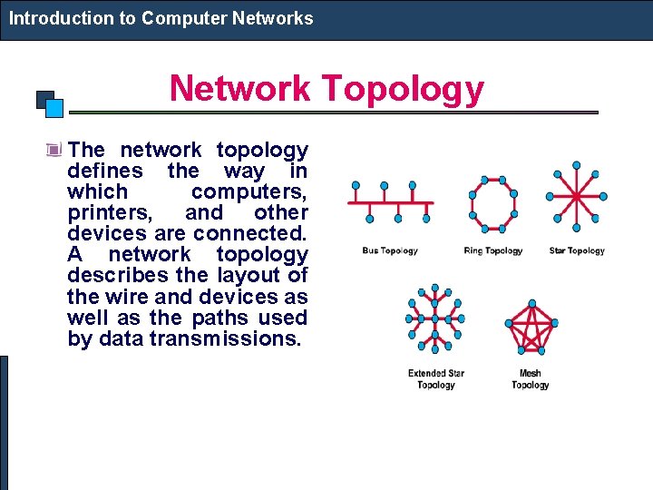 Introduction to Computer Networks Network Topology The network topology defines the way in which