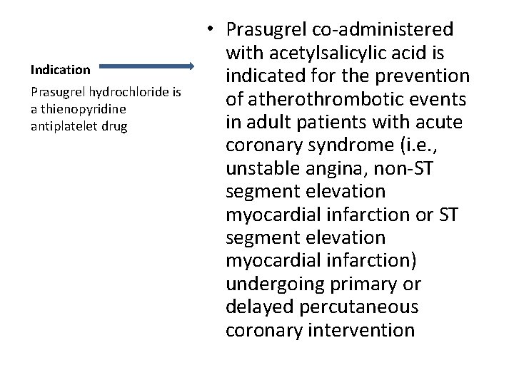 Indication Prasugrel hydrochloride is a thienopyridine antiplatelet drug • Prasugrel co-administered with acetylsalicylic acid