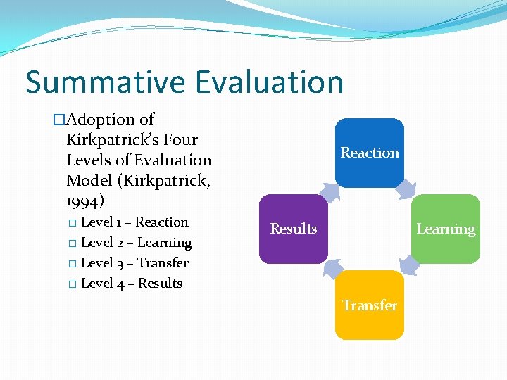 Summative Evaluation �Adoption of Kirkpatrick’s Four Levels of Evaluation Model (Kirkpatrick, 1994) Level 1