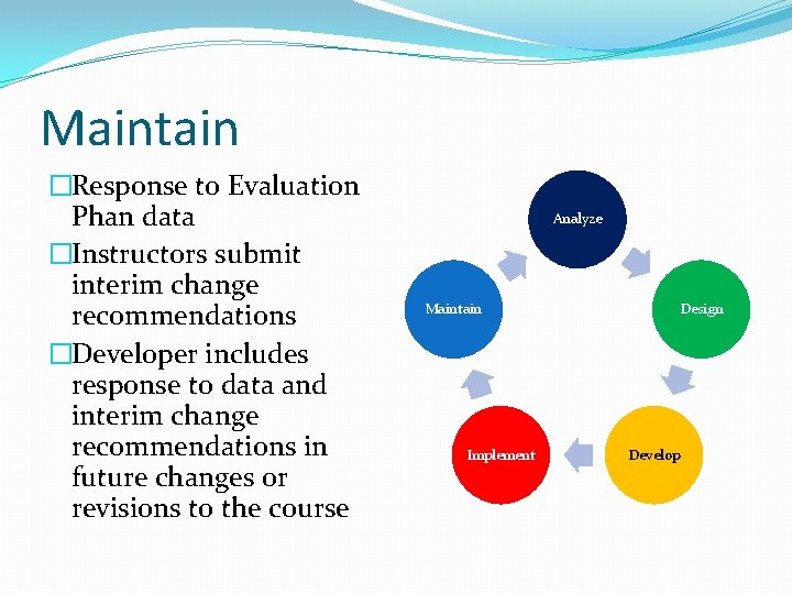 Maintain �Response to Evaluation Phan data �Instructors submit interim change recommendations �Developer includes response